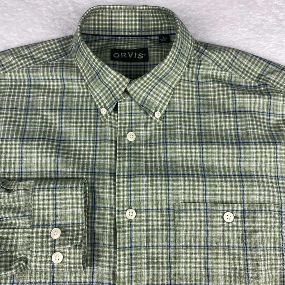 Orvis Mens Green Plaid Long Sleeve Casual Button Down Shirt Large